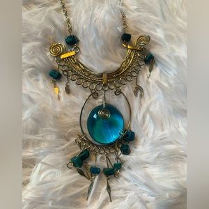 Statement Necklace Artisan Silver tone Southwest Blue Art glass Fringe Necklace